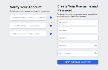 Two-column account setup: left side verifies your identity with ID fields, right side creates username and password with a blue Verify and Create My Account button.